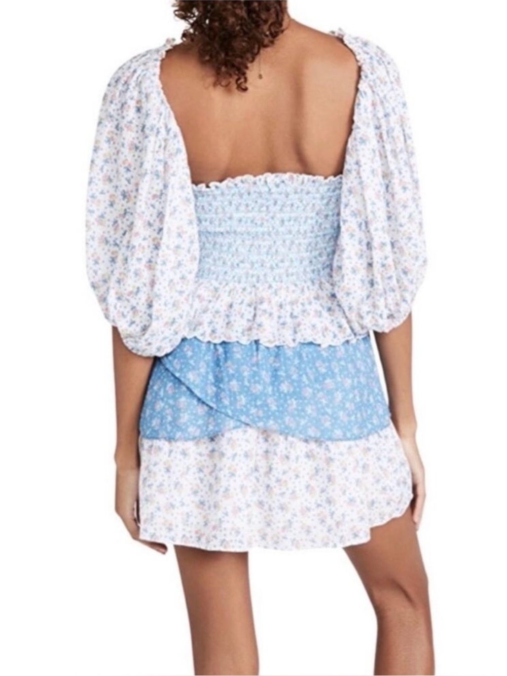 LoveShackFancy Blue Floral Smocked Square-Neck Tiered Mini Dress - Picture 6 of 6